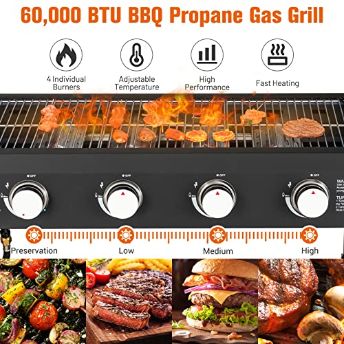 Giantex 36" Flat Top Gas Grill, 4 Burner Propane Cooking Griddle Station with 2 Foldable Side Tables, Bottom Shelf, Built-in Cutting Board, Professional Outdoor Gas Griddle for Restaurant Camping