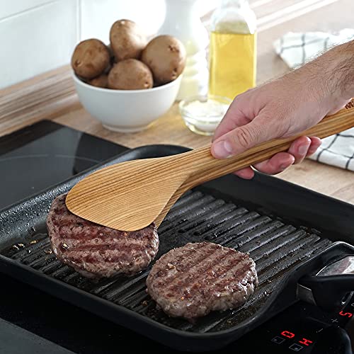 Mr.Art Wood Burger Wooden BBQ 15" Tongs - Made in Europe, Natural Ash Wood – Ergonomic Design for Comfortable Grip, Heatproof Leather Loop, Perfect Tongs for Buns, Steaks and Grill