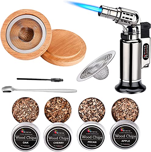 OWAYIDA Cocktail Smoker Kit with Torch, Whiskey Smoker Kit, Old Fashioned Cocktail Kit, 4 Flavors Wood Chips, Bourbon Whiskey Gifts for Men, Dad and Husband - Great Fathers Day Gifts (Without Butane)