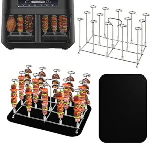 2pcs skewer stand racks compatible with ninja foodi air fryer dz201, dz401 - stainless steel barbecue skewers with reusable mats set for ninja foodi dual basket air fryer, skewer accessory for kabobs