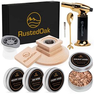 rustedoak whiskey smoker kit - 9 piece cocktail smoker kit with torch, 4 wood chip flavors, ice ball maker, spoon, and cleaning brush - bourbon smoker kit great gift