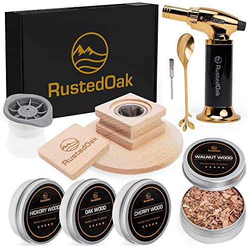 RustedOak Whiskey Smoker Kit - 9 Piece Cocktail Smoker Kit with Torch, 4 Wood Chip Flavors, Ice Ball Maker, Spoon, and Cleaning Brush - Bourbon Smoker Kit Great Gift