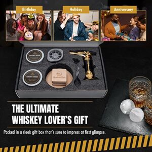 RustedOak Whiskey Smoker Kit - 9 Piece Cocktail Smoker Kit with Torch, 4 Wood Chip Flavors, Ice Ball Maker, Spoon, and Cleaning Brush - Bourbon Smoker Kit Great Gift