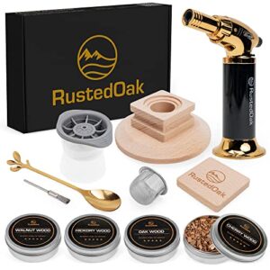 RustedOak Whiskey Smoker Kit - 9 Piece Cocktail Smoker Kit with Torch, 4 Wood Chip Flavors, Ice Ball Maker, Spoon, and Cleaning Brush - Bourbon Smoker Kit Great Gift