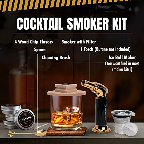 RustedOak Whiskey Smoker Kit - 9 Piece Cocktail Smoker Kit with Torch, 4 Wood Chip Flavors, Ice Ball Maker, Spoon, and Cleaning Brush - Bourbon Smoker Kit Great Gift