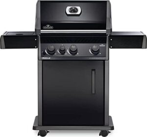 napoleon rogue 425 bbq grill, black, propane gas - r425sbpk-1-ob - with three burners and range gas side burner, barbecue gas cart, folding sideshelves, instant failsafe ignition