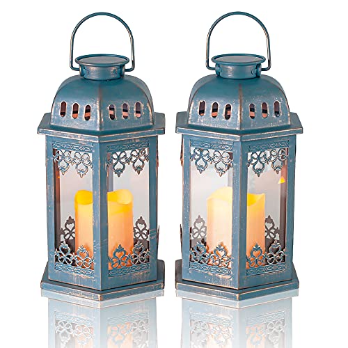 SteadyDoggie Solar Lanterns 2 Pack Blue - Hanging Solar Lights with Flickering Candle LED - Retro Ornate Hanging Solar Lantern with Handle