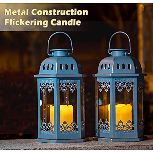 SteadyDoggie Solar Lanterns 2 Pack Blue - Hanging Solar Lights with Flickering Candle LED - Retro Ornate Hanging Solar Lantern with Handle