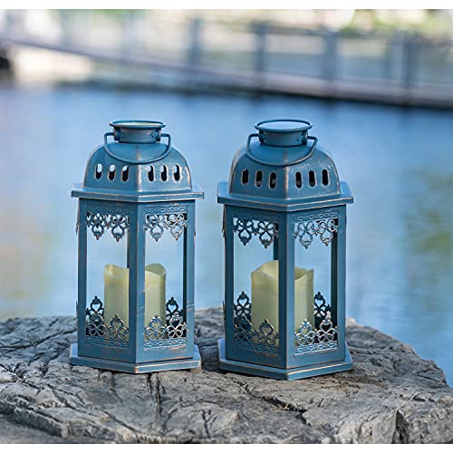 SteadyDoggie Solar Lanterns 2 Pack Blue - Hanging Solar Lights with Flickering Candle LED - Retro Ornate Hanging Solar Lantern with Handle