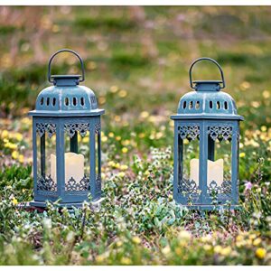 SteadyDoggie Solar Lanterns 2 Pack Blue - Hanging Solar Lights with Flickering Candle LED - Retro Ornate Hanging Solar Lantern with Handle