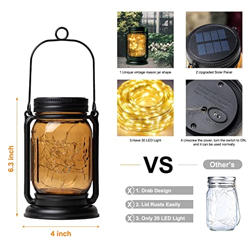 EVERMORE Solar Lantern Outdoor Hanging Mason Jar Lights 4 Packs with 30 LED Lights with Angel Pattern Waterproof Retro Design Decor for Garden Patio Lawn Yard