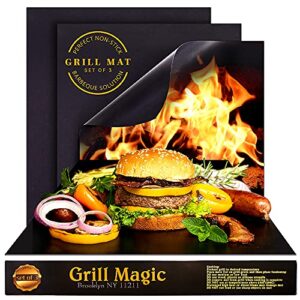 grill magic bbq grill mat set of 3-100% nonstick large grilling sheets - heavy duty cooking mats for outdoor grill charcoal, gas or electric - reusable, extra thick and easy to clean - 15.75 x 13