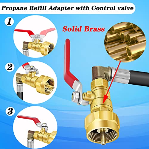 Upgraded Propane Refill Adapter Hose with Gauge and ON/Off Valve, 36" Propane Extension Refill Hose Kit, 1LB Propane Filling Hose Set with 1 LB Propane Bottle Cap, Roll Sealing Tape (Rubber)