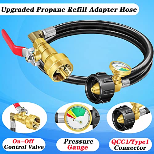 Upgraded Propane Refill Adapter Hose with Gauge and ON/Off Valve, 36" Propane Extension Refill Hose Kit, 1LB Propane Filling Hose Set with 1 LB Propane Bottle Cap, Roll Sealing Tape (Rubber)