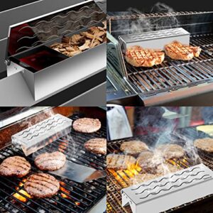 Skyflame Stainless Steel Smoker Box with Canister Can, Double V-Shape BBQ Wood Chips Smoky Box Designed by Wavy Vent and Hinged Lid, 12” Compact Size for Gas/Charcoal Grill Kebob Smoky Grilling