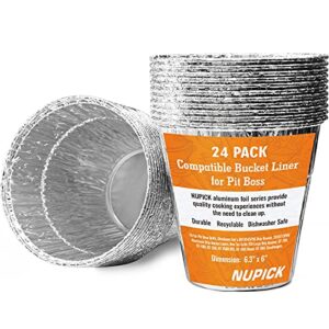 nupick 24 pack grease bucket liner compatible for pit boss grills 67292 foil, oklahoma joe's 9518545p06, z grill bucket, recteq large bucket, etc. 6.3” x 6.0”, disposable aluminum