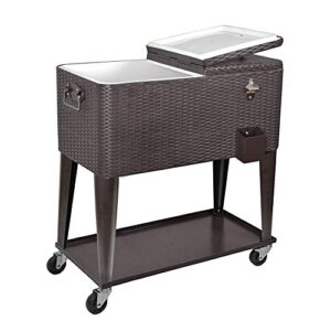 80 quart qt rolling cooler ice chest cart for outdoor patio deck party, dark brown wicker faux rattan tub trolley, portable backyard party drink beverage bar, wheels with shelf & bottle opener