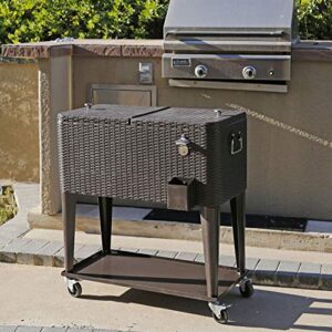 80 Quart Qt Rolling Cooler Ice Chest Cart for Outdoor Patio Deck Party, Dark Brown Wicker Faux Rattan Tub Trolley, Portable Backyard Party Drink Beverage Bar, Wheels with Shelf & Bottle Opener