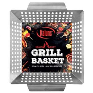 kaluns grill basket, best grilling basket for vegetables and shrimp, stainless steel material, fits most grills, great for bbq or oven use, bbq accessories