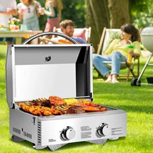 moccha stainless steel propane tabletop gas grill two-burner bbq, with foldable leg, 20000 btu, perfect for camping, picnics or any outdoor use, silver