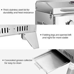 Moccha Stainless Steel Propane TableTop Gas Grill Two-Burner BBQ, with Foldable Leg, 20000 BTU, Perfect For Camping, Picnics or any Outdoor Use, Silver