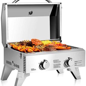 Moccha Stainless Steel Propane TableTop Gas Grill Two-Burner BBQ, with Foldable Leg, 20000 BTU, Perfect For Camping, Picnics or any Outdoor Use, Silver