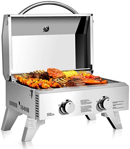 Moccha Stainless Steel Propane TableTop Gas Grill Two-Burner BBQ, with Foldable Leg, 20000 BTU, Perfect For Camping, Picnics or any Outdoor Use, Silver