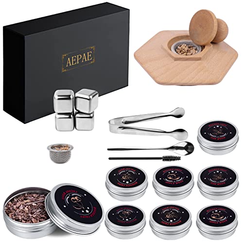 Cocktail Smoker Kit Old-Fashioned Bourbon Whiskey Smoker-Kit 4 Flavour 8 Wood Chips Drink Ice Cube Smoking Infuser for Cocktails Lover Men Women Gifts