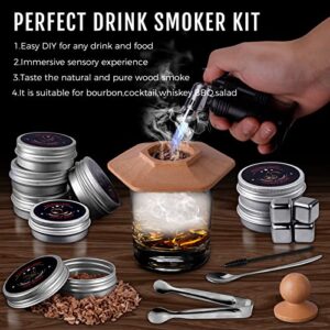 Cocktail Smoker Kit Old-Fashioned Bourbon Whiskey Smoker-Kit 4 Flavour 8 Wood Chips Drink Ice Cube Smoking Infuser for Cocktails Lover Men Women Gifts