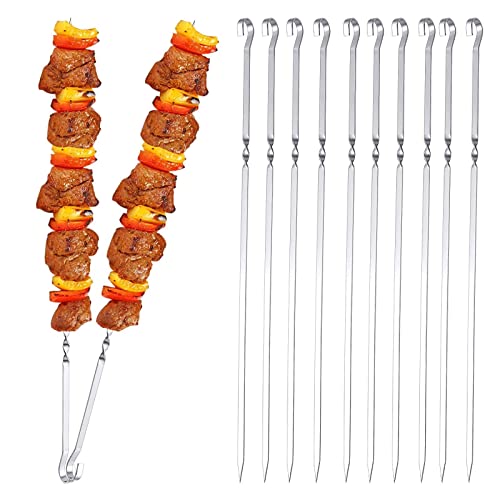 MojiDecor Grill Kabob Skewers, 10 Pcs 15 inch Barbecue Skewers, Flat Metal BBQ Kebab skewers for Veggies, Shrimp, Chicken and Pork