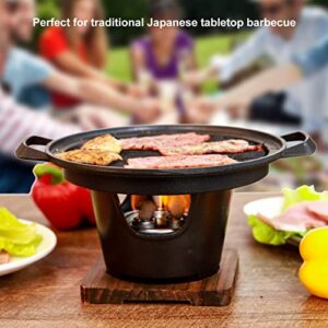 Charcoal Grill, Portable Charcoal Grill Japanese Hibachi Grill with Wooden Base, 8.46 X 6.89 X 5.31in Portable Grill Smokeless Cast Iron Hibachi Grill Yakiniku Grill for BBQ