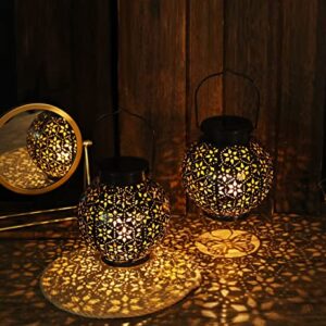 2 Pack Solar Lanterns Outdoor Waterproof Hanging Metal LED Decorative for Patio Garden Courtyard Lawn and Tabletop，Black