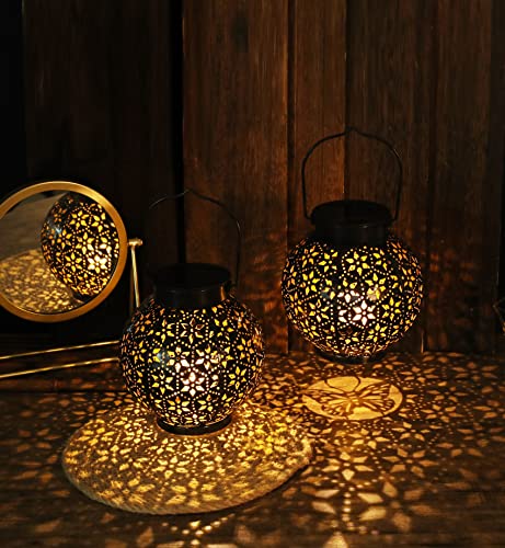 2 Pack Solar Lanterns Outdoor Waterproof Hanging Metal LED Decorative for Patio Garden Courtyard Lawn and Tabletop，Black