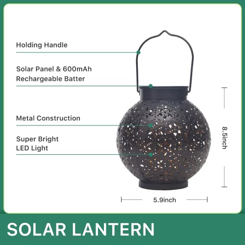 2 Pack Solar Lanterns Outdoor Waterproof Hanging Metal LED Decorative for Patio Garden Courtyard Lawn and Tabletop，Black