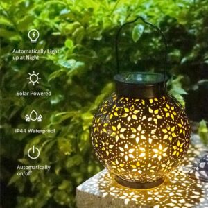 2 Pack Solar Lanterns Outdoor Waterproof Hanging Metal LED Decorative for Patio Garden Courtyard Lawn and Tabletop，Black