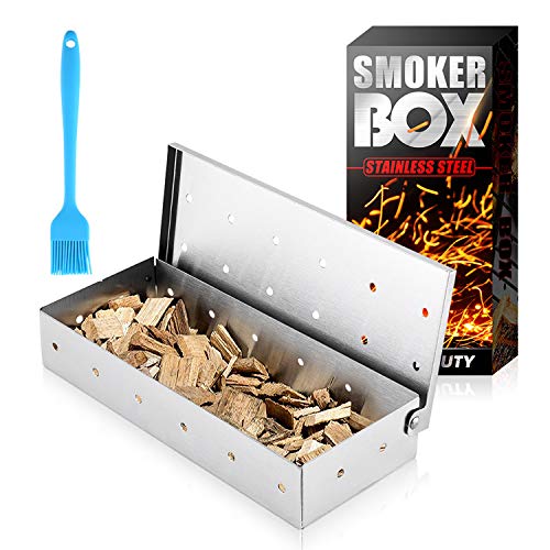 N/O Stainless Steel Wood Chip Box, Fengchen BBQ Grill Smoker Box Hinged Lid for Wood Chips BBQ Smoky Flavor Food on Gas Grill, Charcoal Grills | Warp Free Grilling Accessory