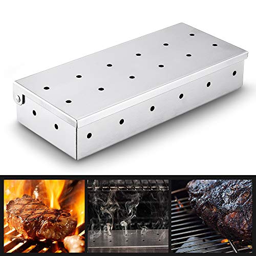 N/O Stainless Steel Wood Chip Box, Fengchen BBQ Grill Smoker Box Hinged Lid for Wood Chips BBQ Smoky Flavor Food on Gas Grill, Charcoal Grills | Warp Free Grilling Accessory