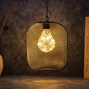 trirocks battery operated hanging lamp 8.5'' high metal mesh lanterns with warm fairy lights bulb perfect for christmas home living room garden patio parties events tabletop indoors outdoors (black)