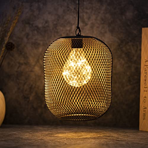 TRIROCKS Battery Operated Hanging Lamp 8.5'' High Metal Mesh Lanterns with Warm Fairy Lights Bulb Perfect for Christmas Home Living Room Garden Patio Parties Events Tabletop Indoors Outdoors (Black)