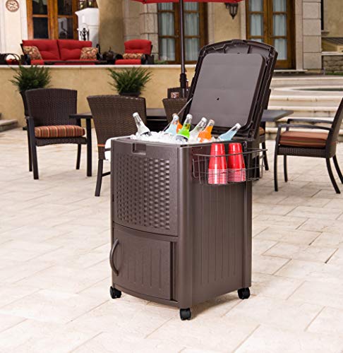 Suncast Resin 77 Quart Wicker-Look Outdoor Patio Cooler with Wheels, Java