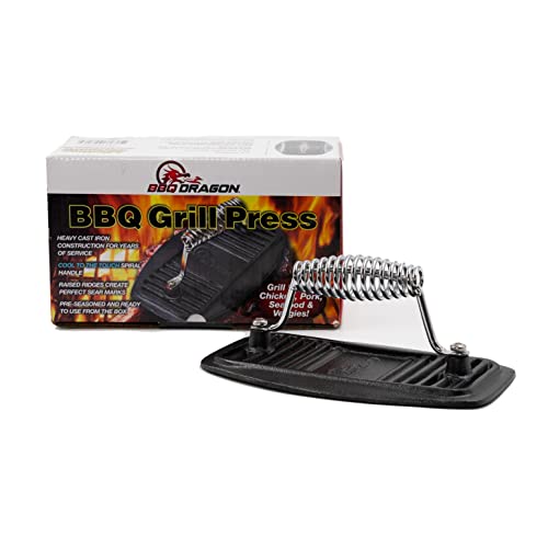 BBQ Dragon Cast Iron Barbecue Press, BBQ Grill Press, Grill Accessories, Griddle Weight, Meat Press, Best for Removing Unwanted Fat, Paninis & Sandwiches, Hamburgers and Steaks