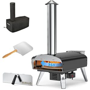 mimiuo black portable wood pellet pizza oven with 13" pizza stone & foldable pizza peel - wood-fired pizza oven kit with automatic rotation system (tisserie w-oven series)