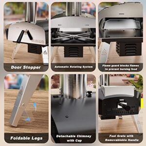 Mimiuo Black Portable Wood Pellet Pizza Oven with 13" Pizza Stone & Foldable Pizza Peel - Wood-Fired Pizza Oven Kit with Automatic Rotation System (Tisserie W-Oven Series)