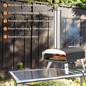 Mimiuo Black Portable Wood Pellet Pizza Oven with 13" Pizza Stone & Foldable Pizza Peel - Wood-Fired Pizza Oven Kit with Automatic Rotation System (Tisserie W-Oven Series)