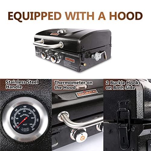 QuliMetal 5 Feet Propane Adapter Hose and Portable Table Top Griddle, 22 Inch 2-Burner Propane Gas Flat Top Grill with Hood, 24,000 BTUs Camping Grill with Carry Bag