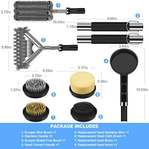 Grill Brush Cleaning kit for Outdoor Grill Cleaning 6 Pieces Replaceable Cleaning Heads, Cloth Steam Head Brass Bristle Scraper Bristle Free and Nylon Bristle 18 inches Grill Brush Grate Cleaner