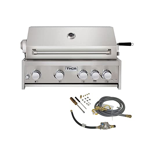 Thor Kitchen 32 Inch 4-Burner Built-in Natural Gas Grills with Rear Infrared Burner, Rotisserie Kit, Interior Thermometer & Grill Lights, Stainless Steel, MK04SS304 (with Natural Gas Kit)