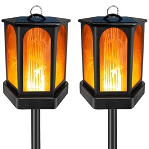 solar lantern christmas decorations lights dancing flame, 2 pack waterproof outdoor hanging lanterns for patio wall hanging garden light auto on/off landscape led path light garden accessories