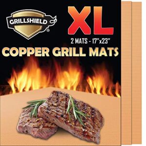 grillshield - 2 extra large copper grill and bake mats - best gift - 17 x 23 inches non stick mats for bbq grilling & baking, reusable and easy to clean