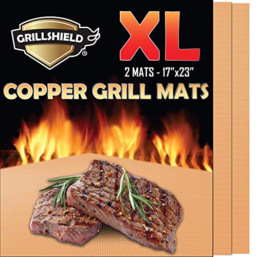 GrillShield - 2 Extra Large Copper Grill and Bake Mats - Best Gift - 17 X 23 inches Non Stick Mats for BBQ Grilling & Baking, Reusable and Easy to Clean